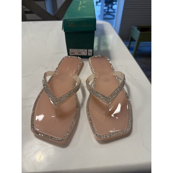 Lauren Lorraine Tampa Pink Sz 7 Flat Jelly Flip Flop Crystal Thong Sandal NIB - Picture 1 of 7